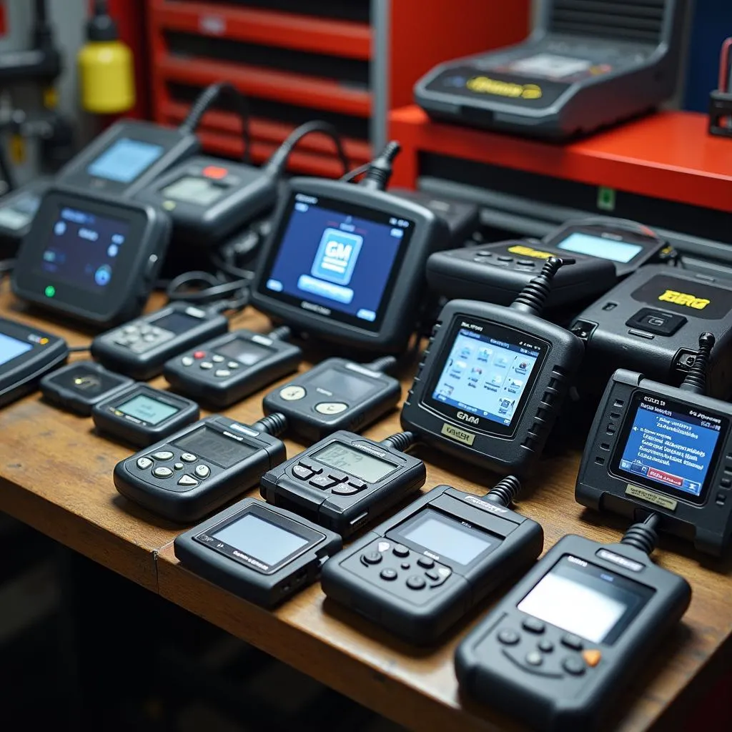 Various OEM GM Scan Tools Displayed on Workbench