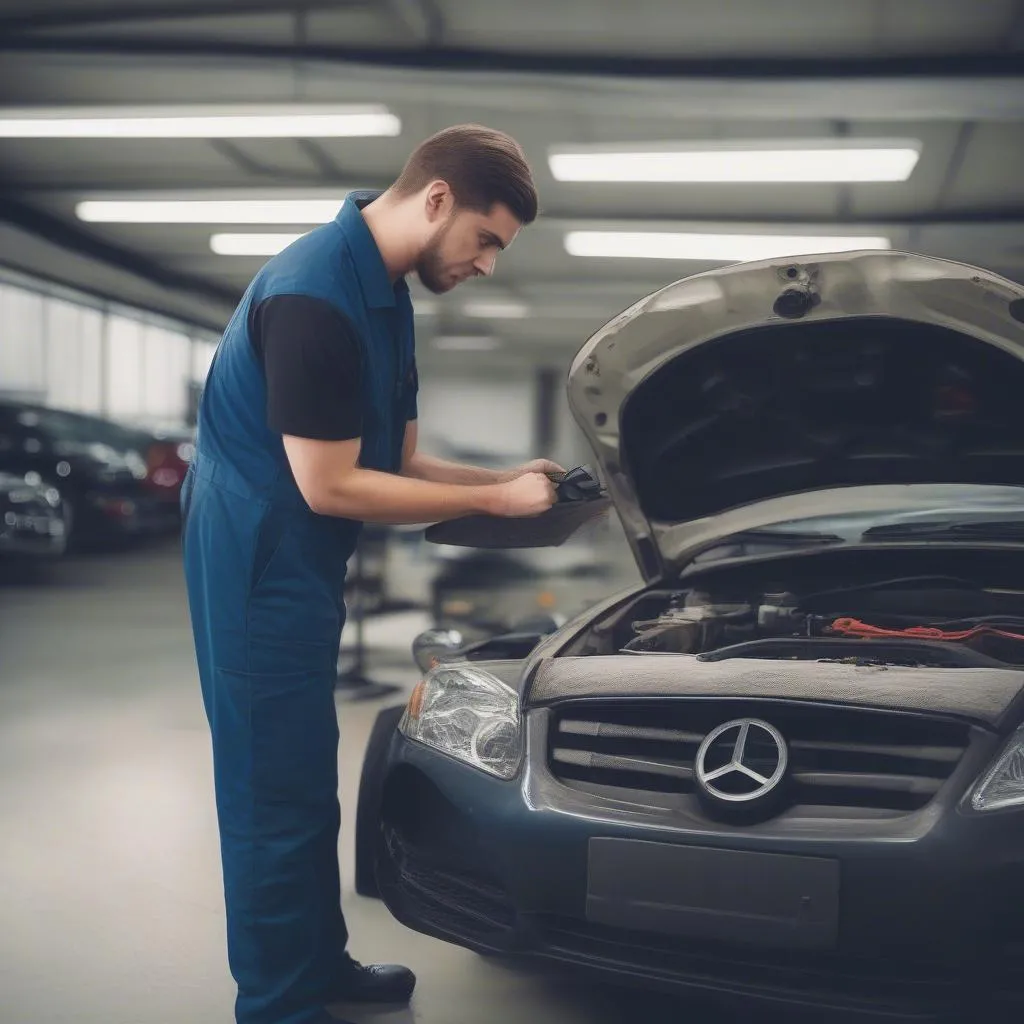 A mechanic inspecting a car for a buyer