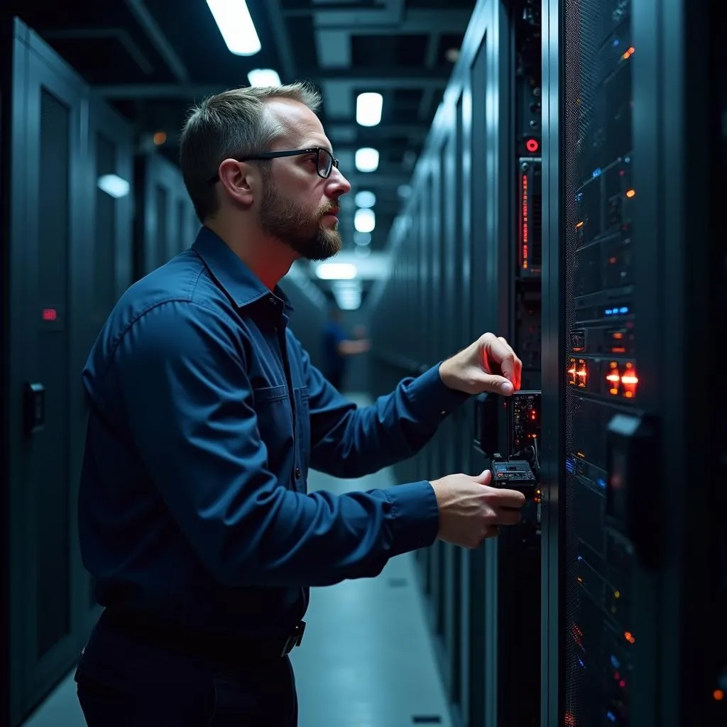 Verizon engineer working on network equipment