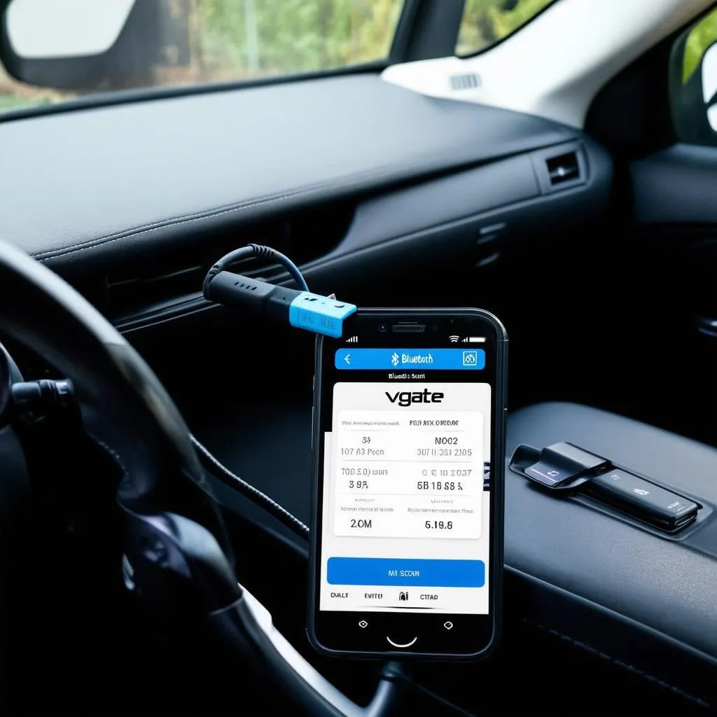 Vgate Bluetooth scan tool plugged into a car's OBD2 port