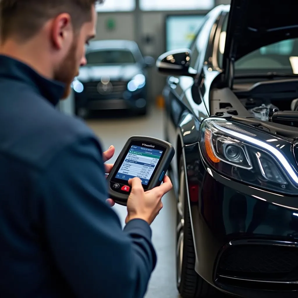 Mechanic using Vident iSmart 900 scan tool on a European car