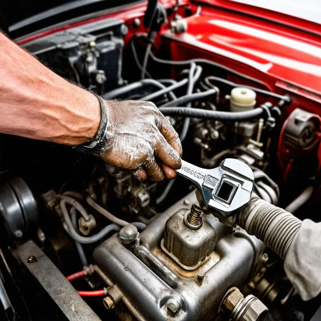 Mechanic inspecting a vintage car engine