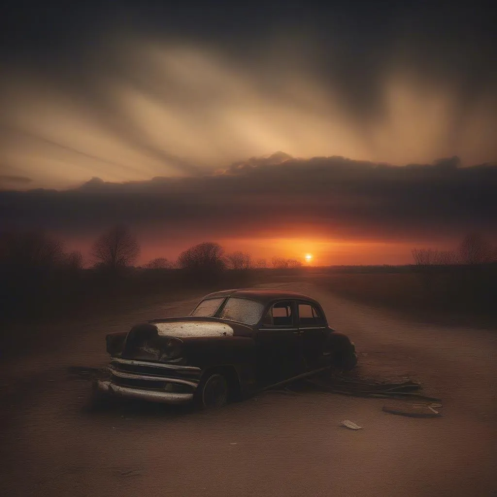 Vintage Car Wreck Sunset