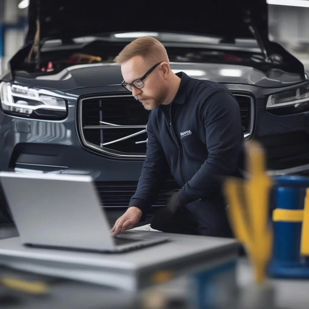 Volvo Mechanic Diagnosing a Car with a Computer