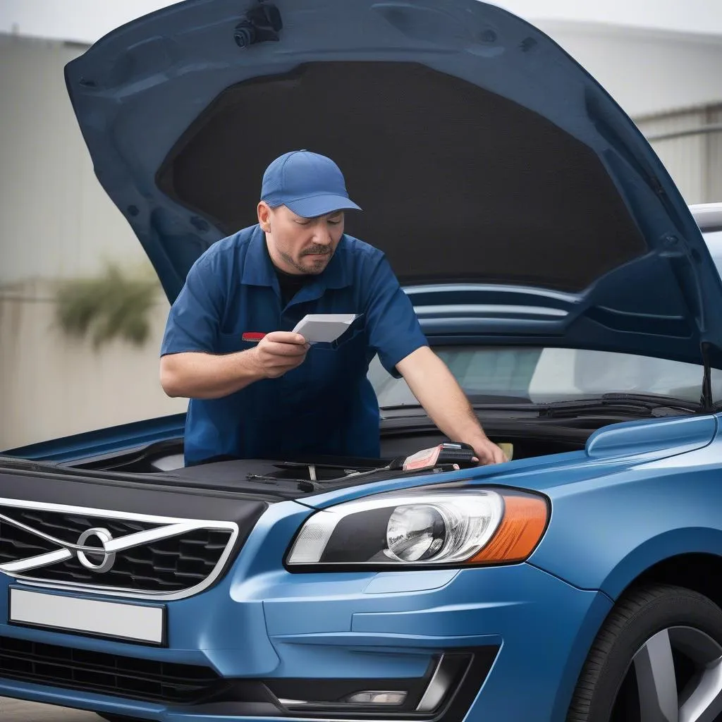 Mechanic using a Volvo scan tool to diagnose a car