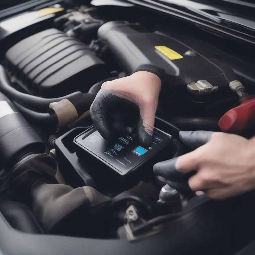 Mechanic inspecting a car engine with a diagnostic tool