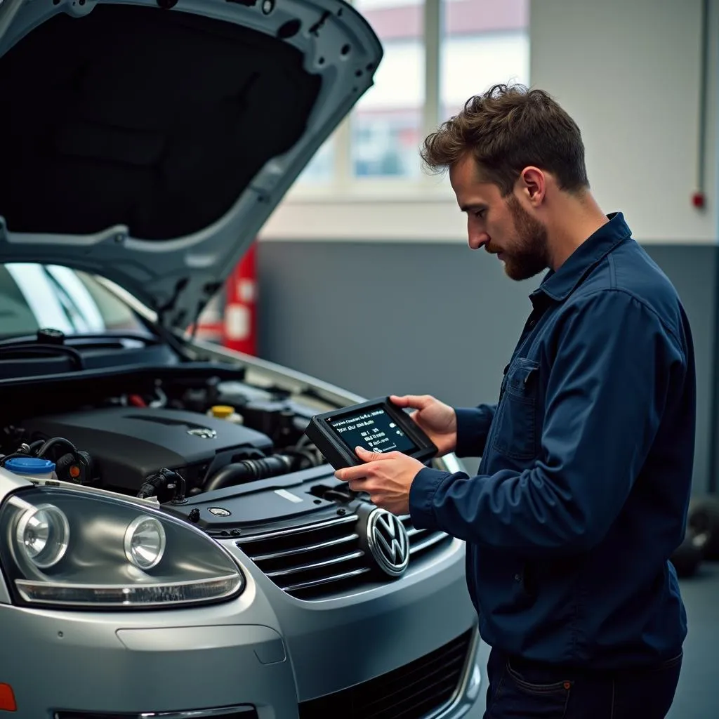 Mechanic using a scan tool to diagnose a VW engine issue