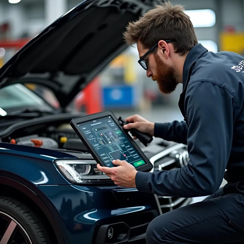 Mechanic using a WASSP scanning tool to diagnose a car's electrical system.