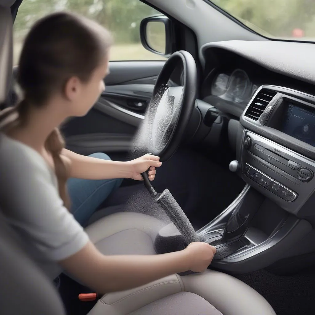 A wireless handheld car vacuum cleaner being used to clean the interior of a car