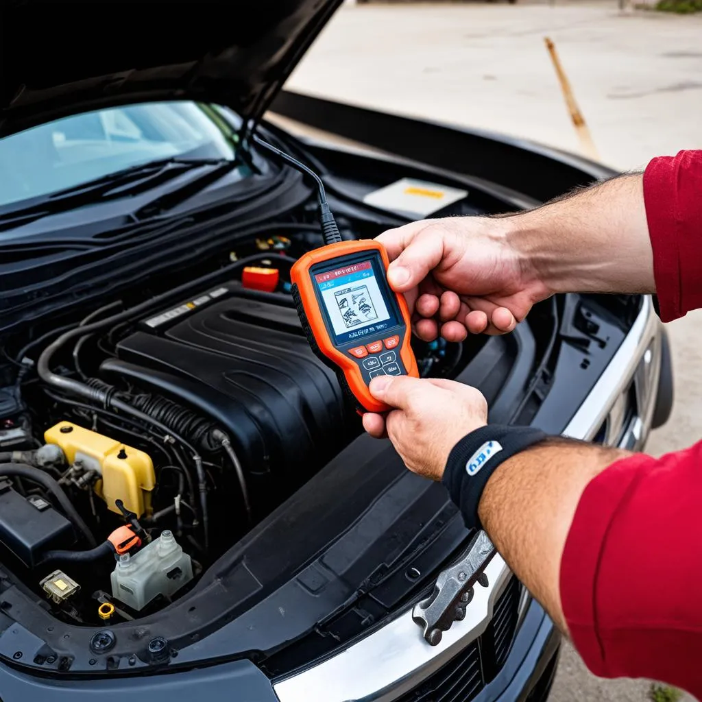 Mechanic using a wireless scan tool to diagnose a car