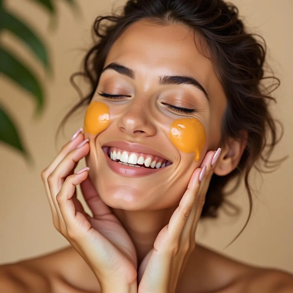 Woman applying papaya oil to face