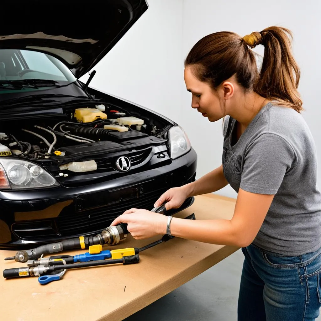 Woman Replacing Oxygen Sensor on Car