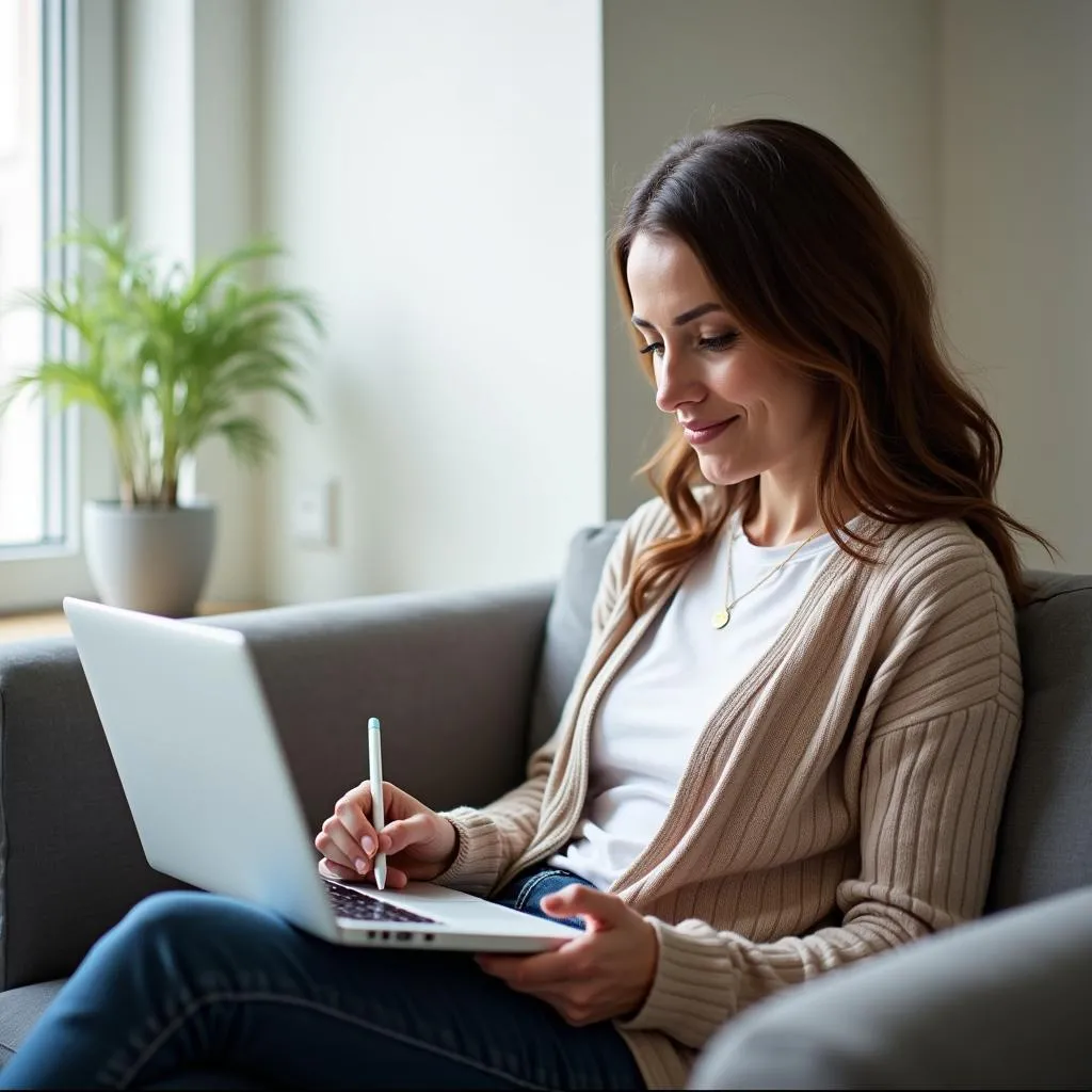 Woman Sitting on Couch, Researching Doctors Online on Laptop