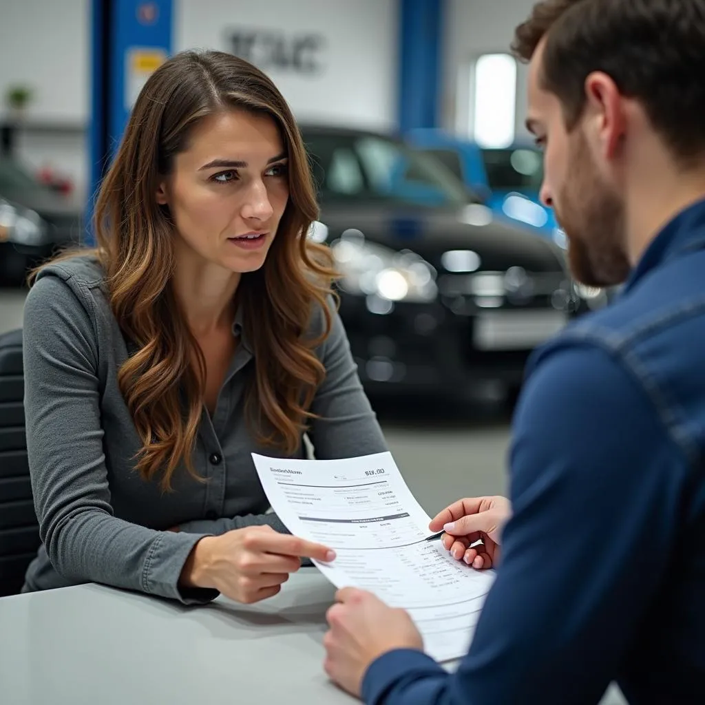 Woman Reviewing Car Repair Estimate with Mechanic