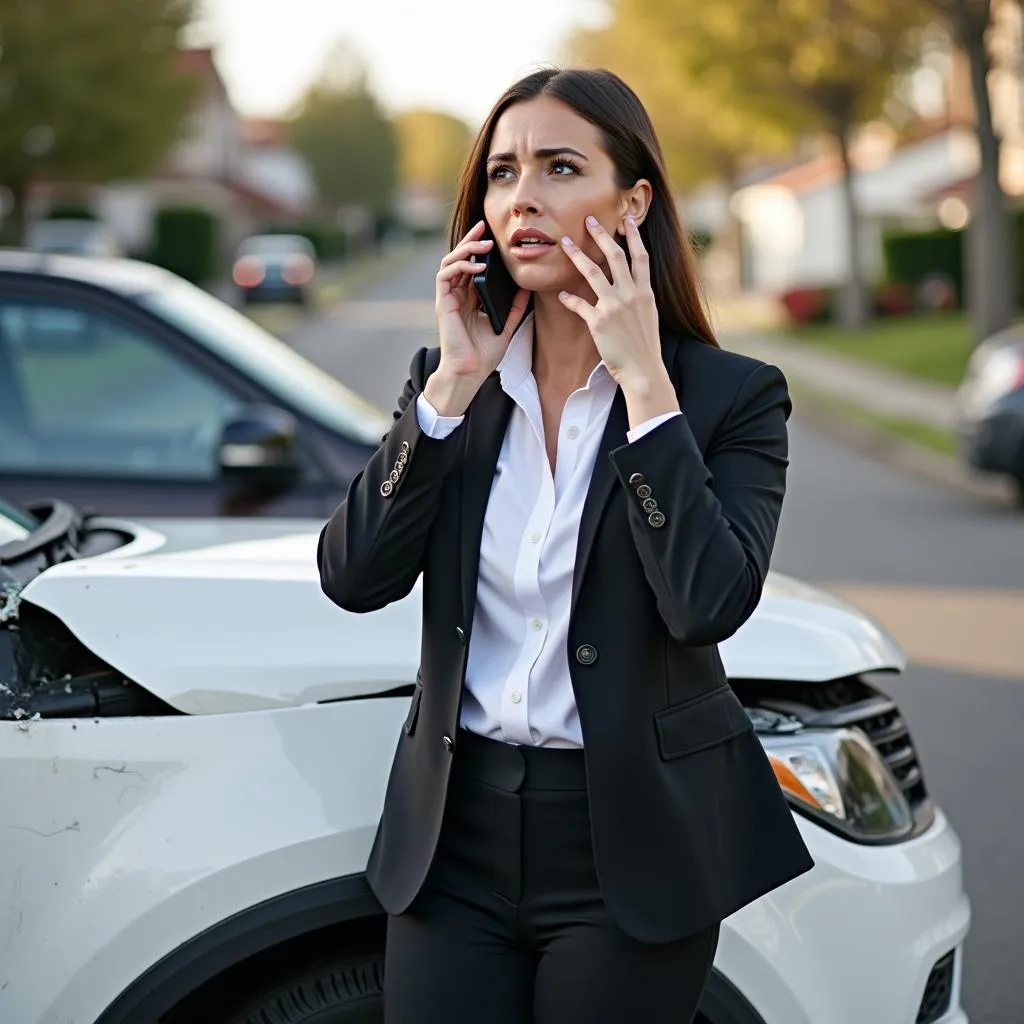 Woman calling for assistance after a car accident