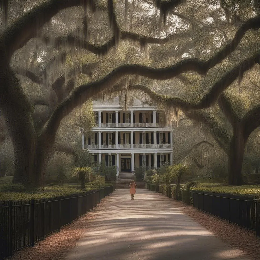 savannah georgia, historic district, woman walking, spanish moss, southern charm