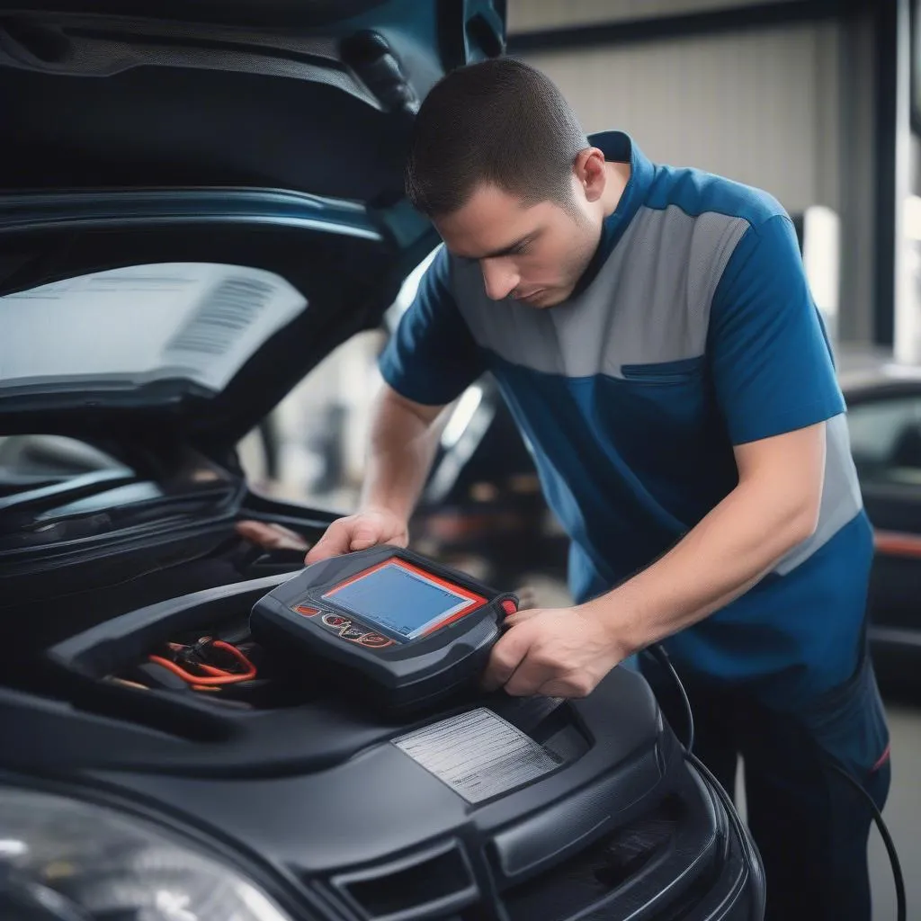 Mechanic using an Xtool scanner on a car