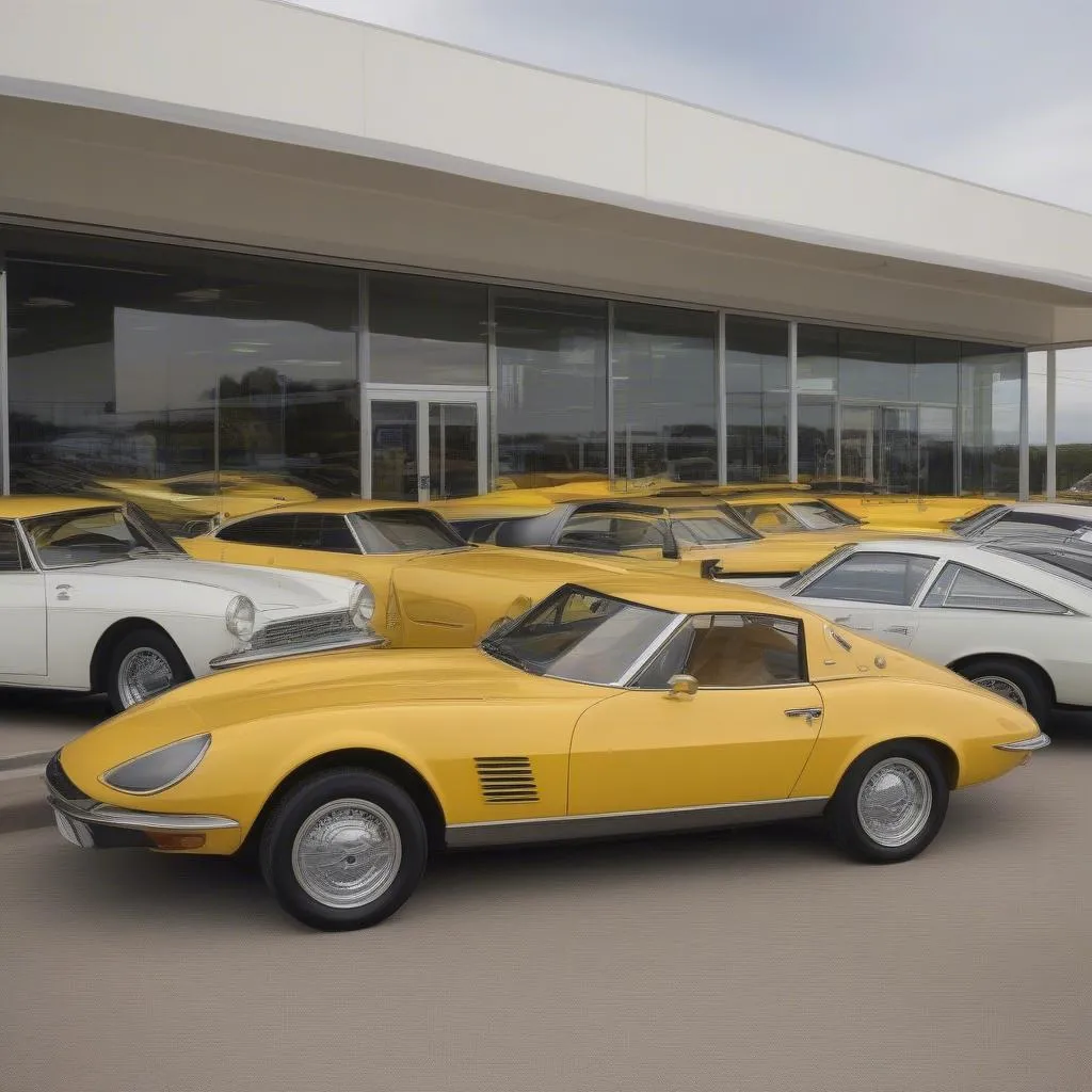 A dealership showcasing yellow cars