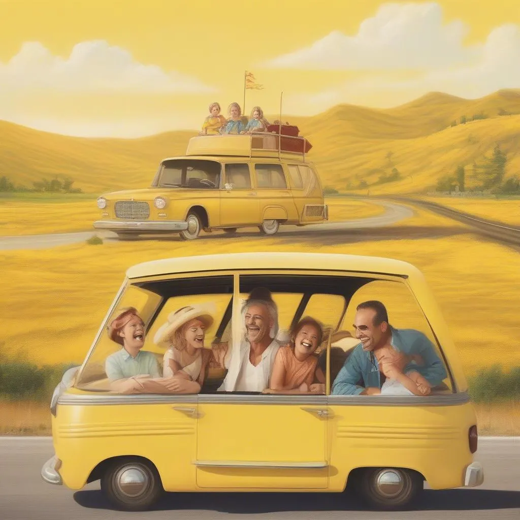 Yellow car family enjoying a road trip