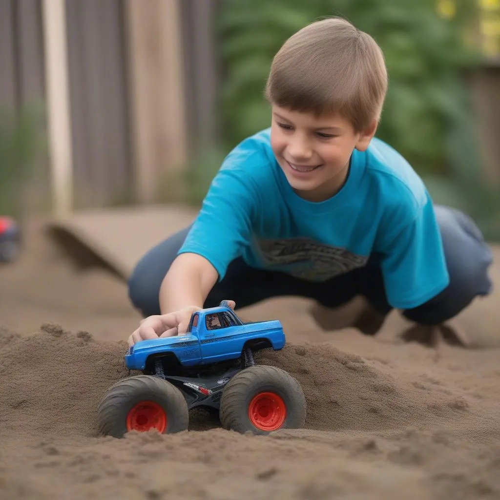 Young Boy Playing with Grave Digger RC Car