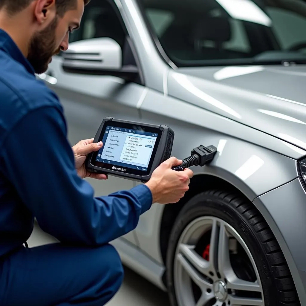 Mechanic using a Zebra scan tool to diagnose a car