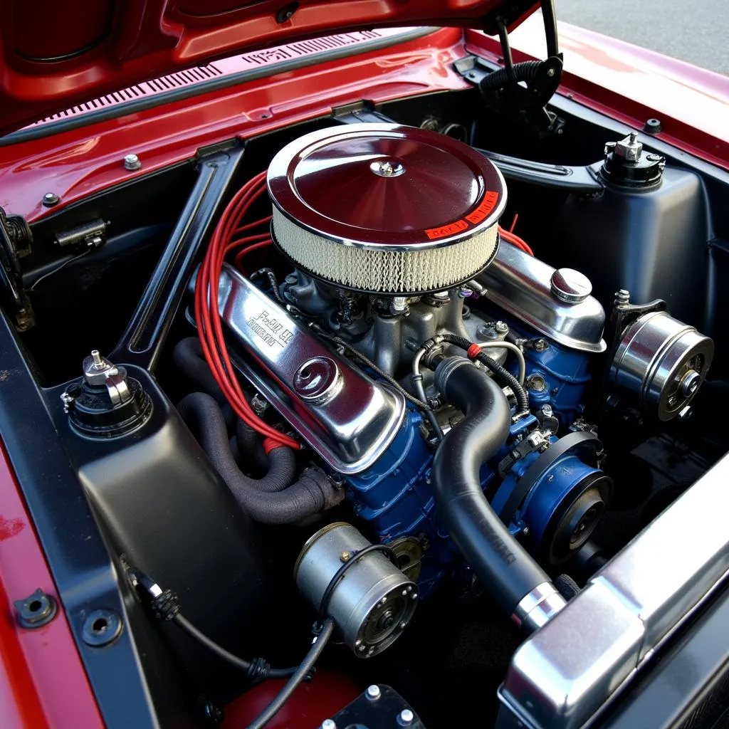 The engine bay of a 1967 Ford Mustang showcases its powerful V8 engine, a hallmark of American muscle cars.