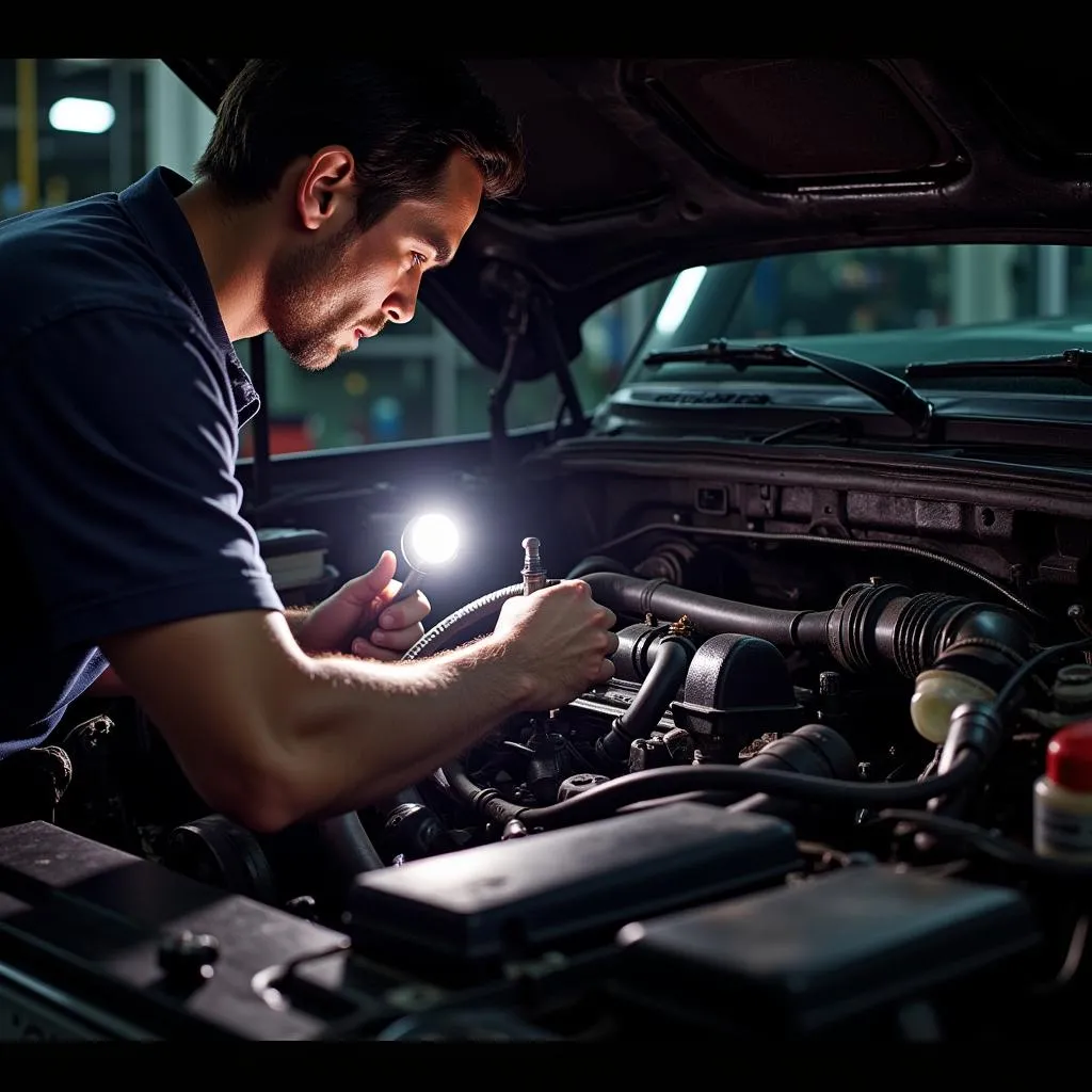 A mechanic inspecting the engine bay of a 1995 Ford Powerstroke