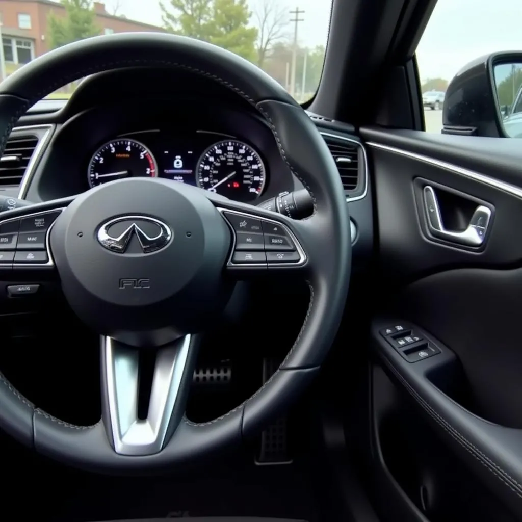 Close-up of a steering wheel inside a 2017 Infiniti Q50