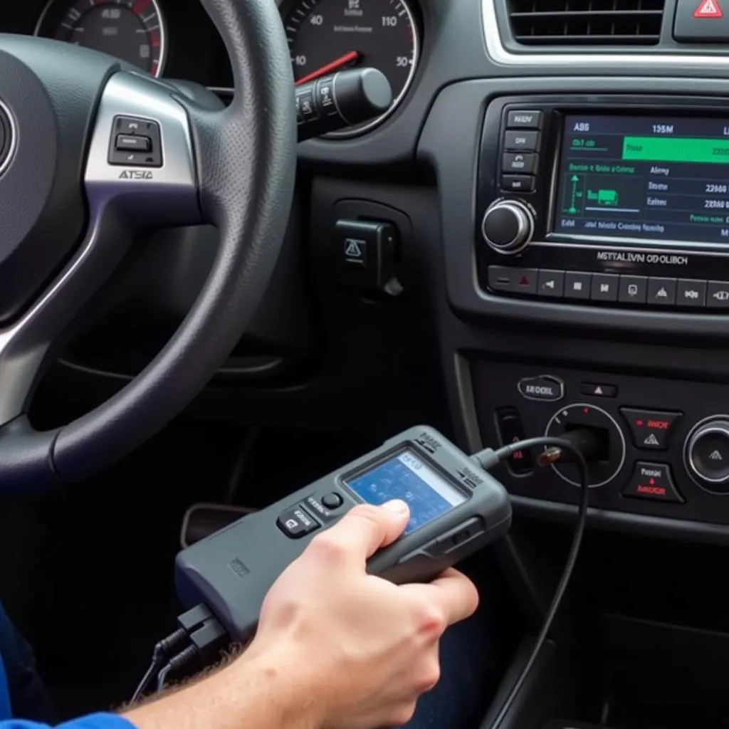 Mechanic connecting an ABS brake code scanner to a car's diagnostic port