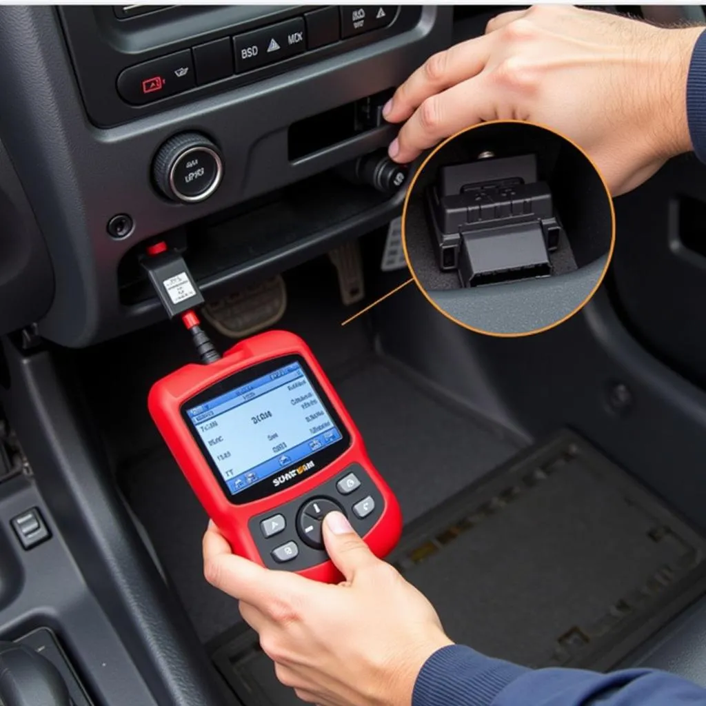 ABS code scanner connected to a car's OBD-II port