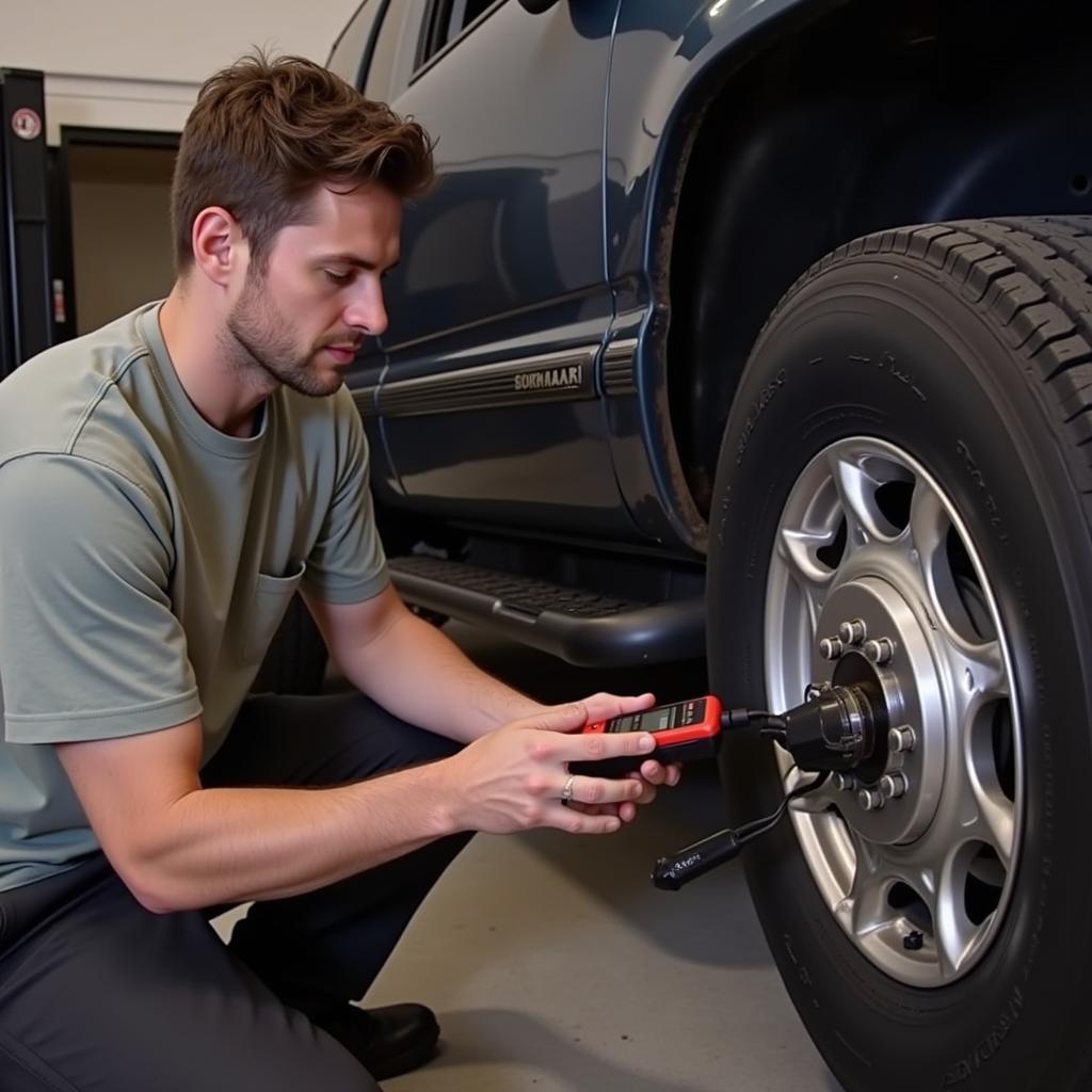 Technician Using ABS Scan Tool for Brake Bleeding on a 1995 Suburban 4x4