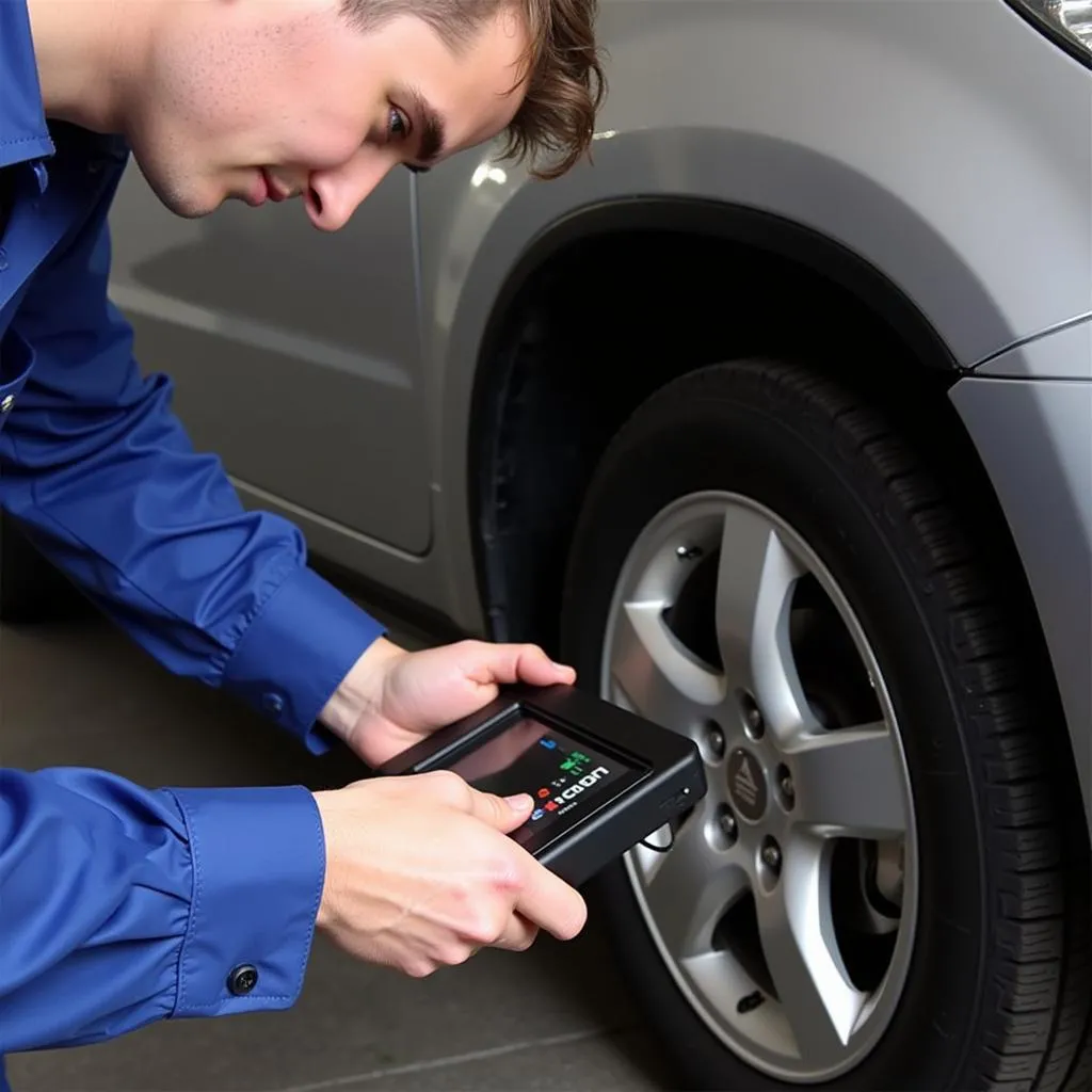 Mechanic connecting the Actron CP9695 Autoscanner Pro OBD2 Scanner to a car's OBD-II port