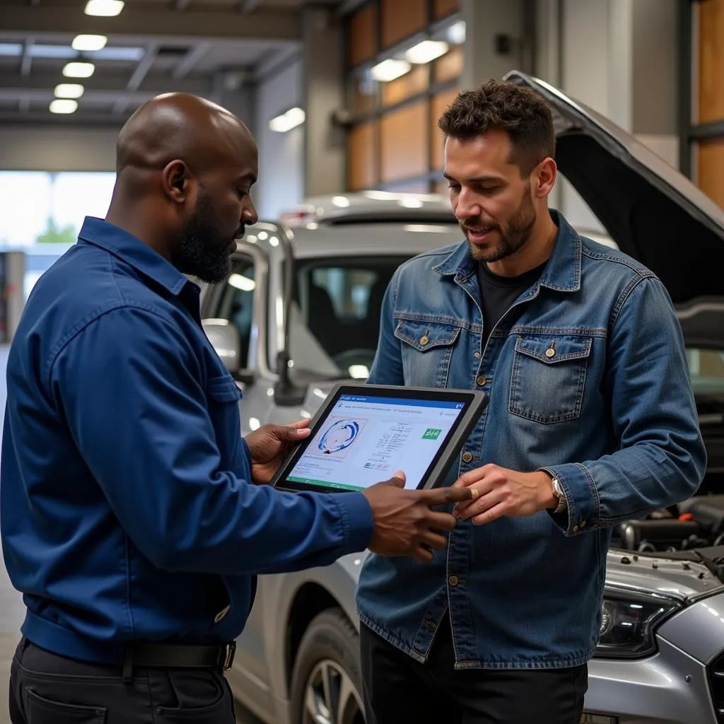 African Mechanic Explaining Diagnostic Results