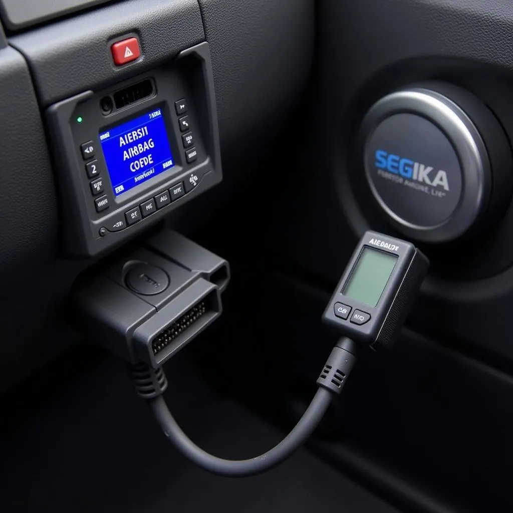 Airbag code scanner connected to a car's OBD port