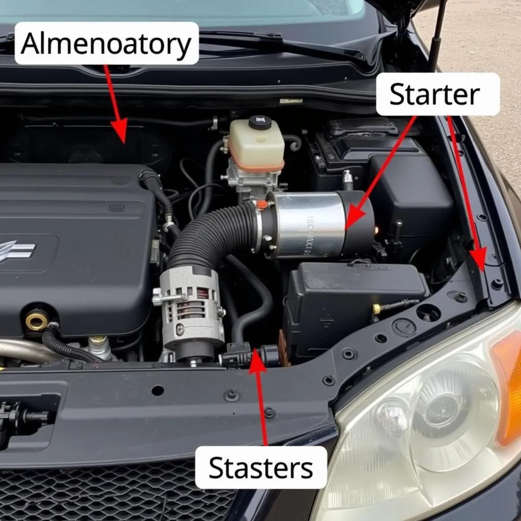 Car engine with alternator and starter highlighted