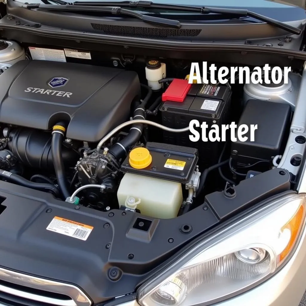 Car Engine with Alternator and Starter Highlighted