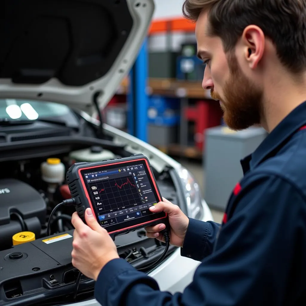 Mechanic Using Ancel V6 in Shop