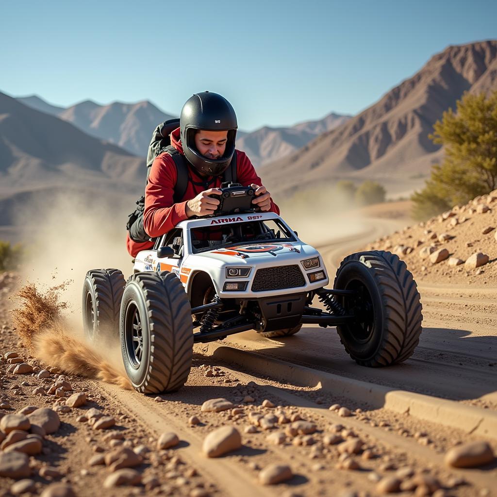 A driver controlling an Arrma RC car on a track