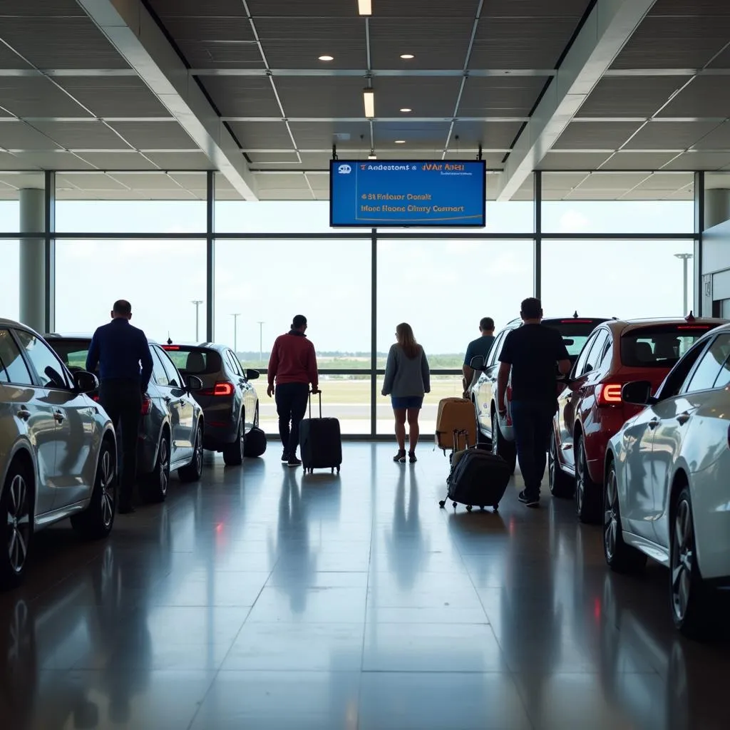 Tourists picking up a rental car at the Aruba Airport.