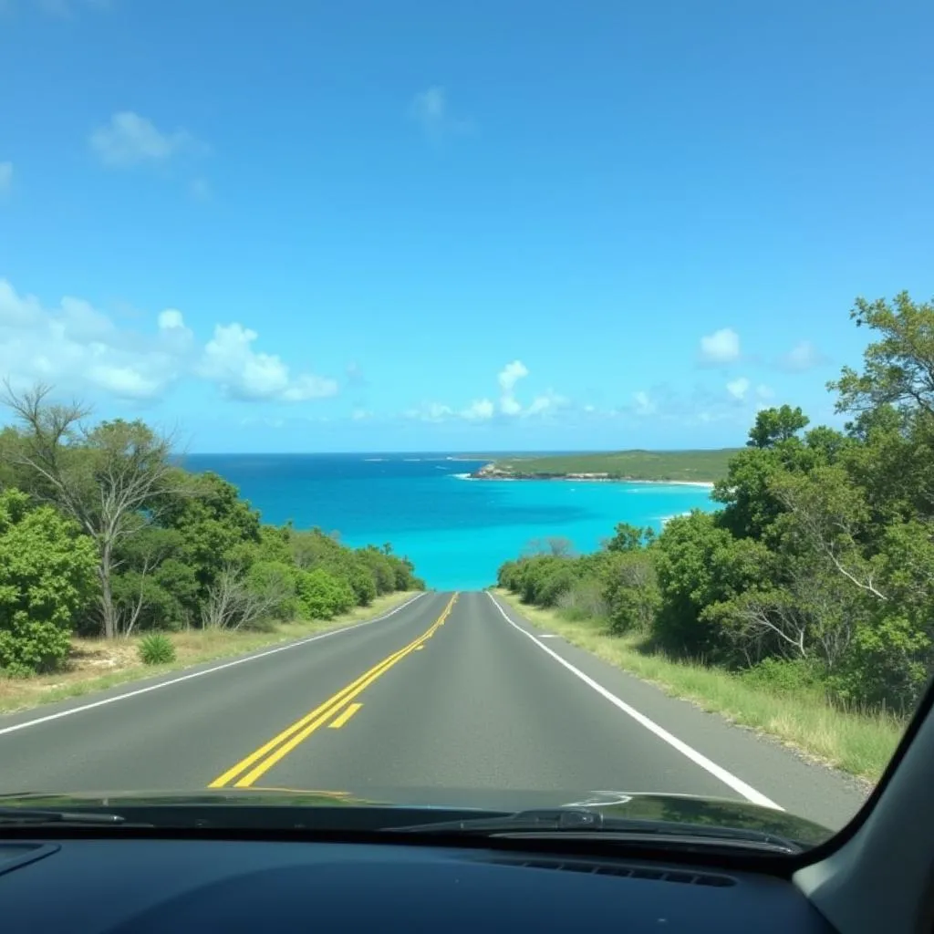 A car driving along the coast of Aruba.