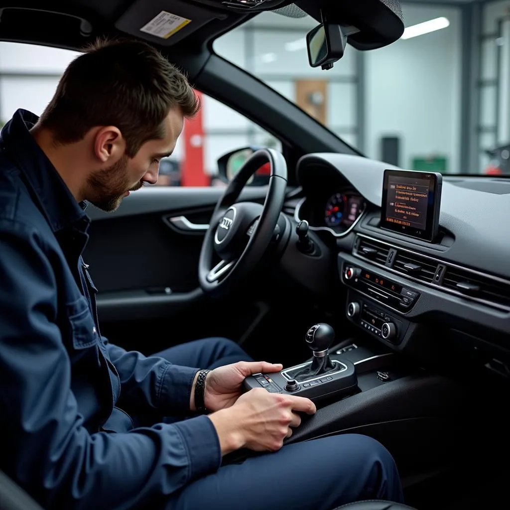 Mechanic using an Audi OBD2 scanner to diagnose an engine light