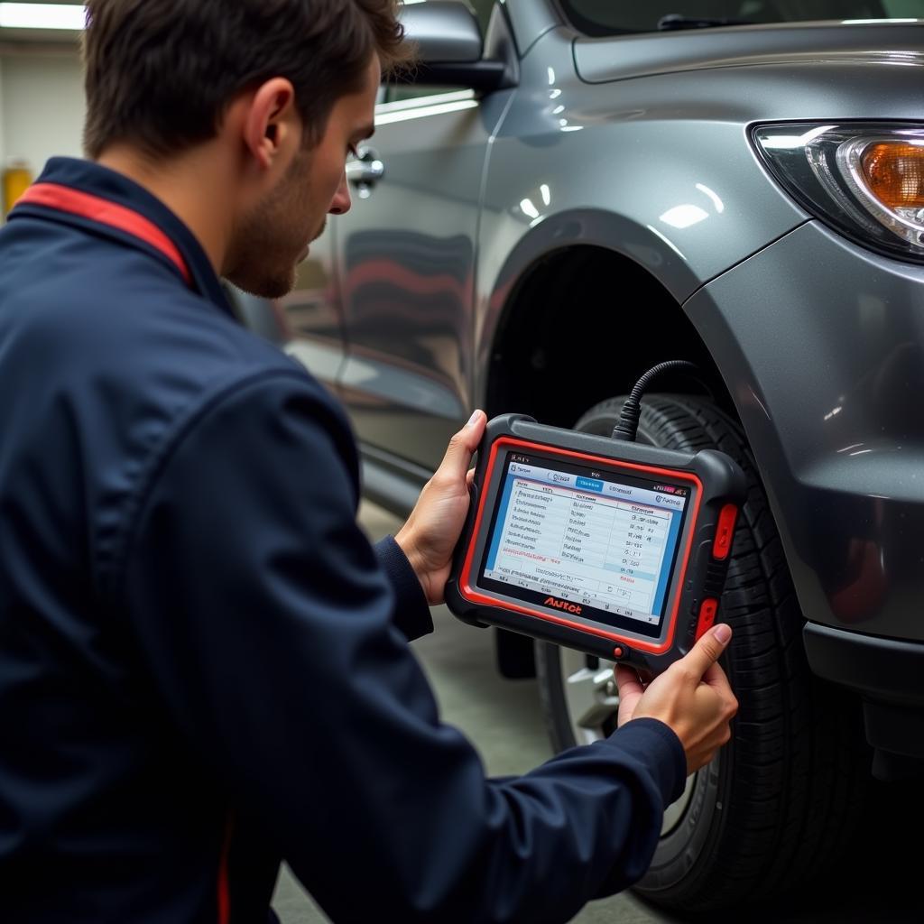 Technician Using an Auros Autel Diagnostic Scanner