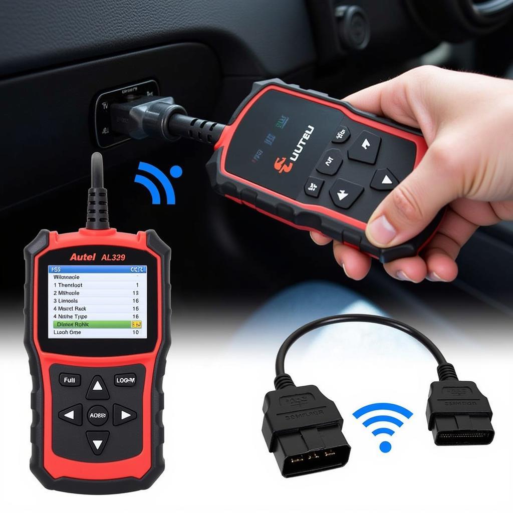 Autel AL329 OBD2 Scanner being used on a car's OBD2 port