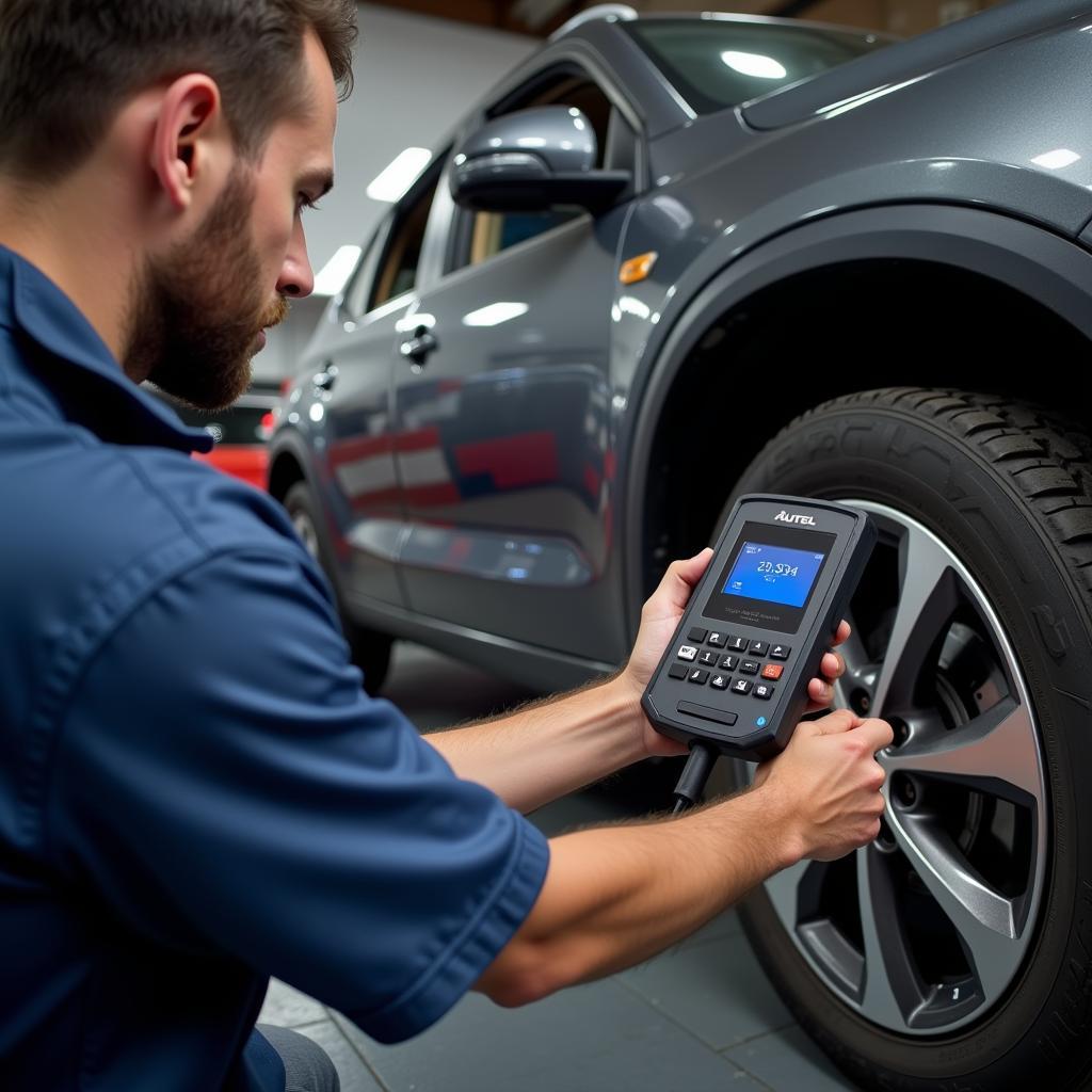 A mechanic using an Autel code reader