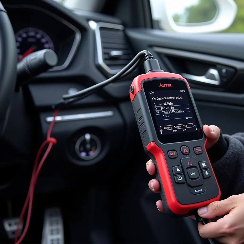 Autel Diagnosi scanner connected to a car's OBD-II port