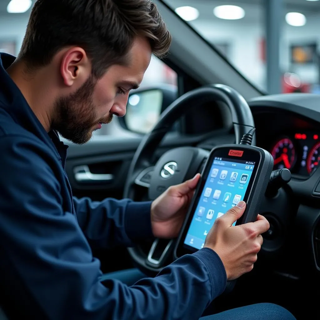 Technician Using Autel Enshrouded for Car Diagnostics