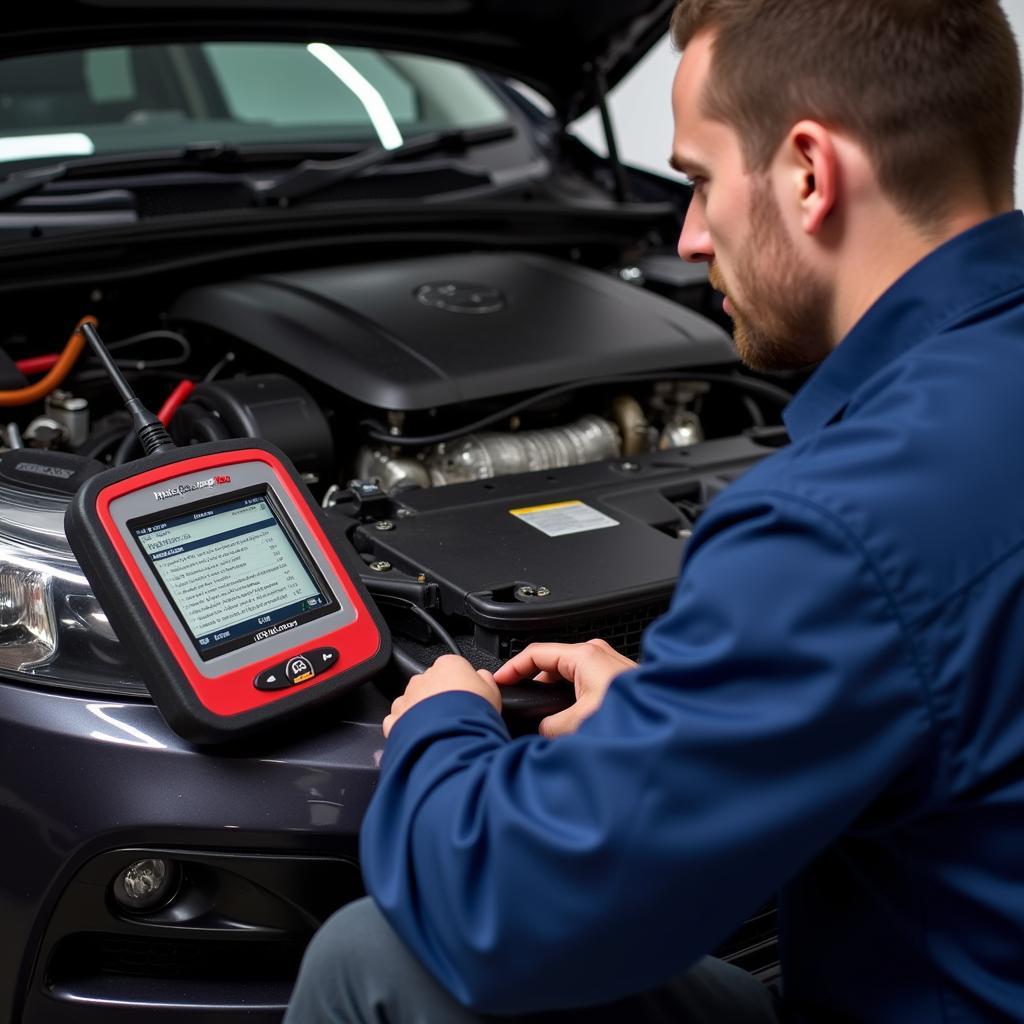 Mechanic using Autel MasterScan to diagnose a car