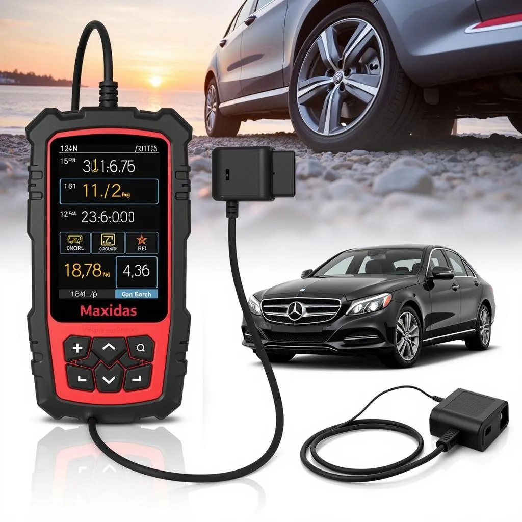 Autel MaxiDAS DS708 connected to a car for diagnostics