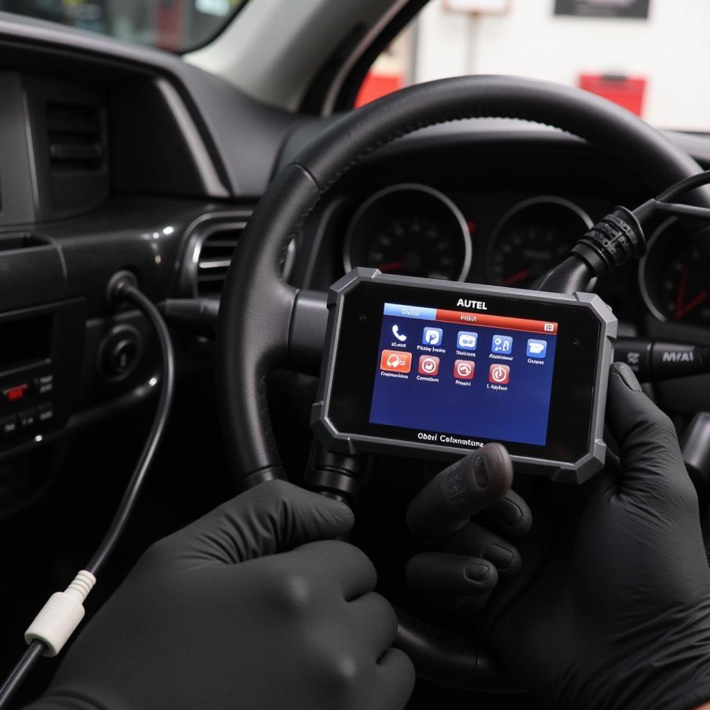 Autel MaxiFlash J2534 driver connected to a vehicle's OBD-II port