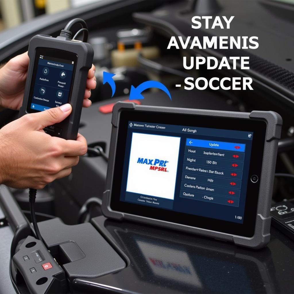 Mechanic updating the Autel MaxiPRO MP808S-TS software on a tablet.